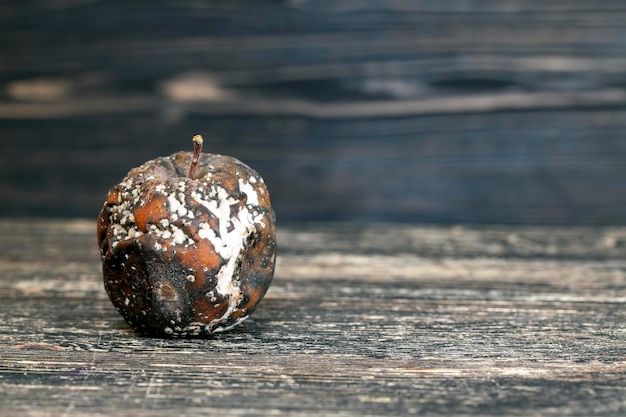 Rotten apple on a wooden blackboard