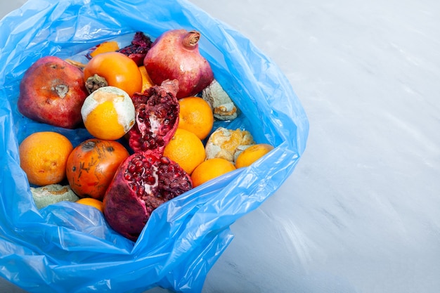 Rotten fruits pomegranate persimmon tangerine in blue garbage bag closeup Organic food waste
