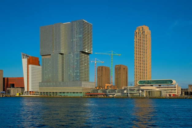 Rotterdam skyscrapers skyline view over of nieuwe maas river rotterdam