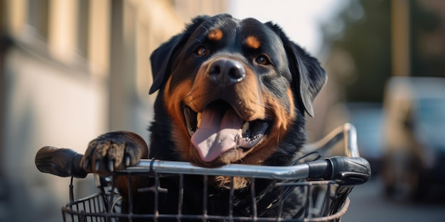 Rottweiler dog have fun bicycle ride on sunshine day morning in summer on town street