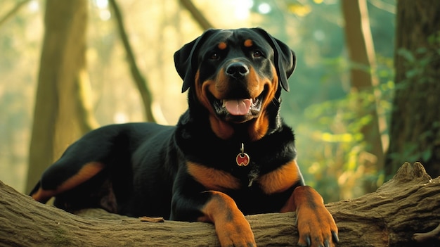 Photo a rottweiler dog is lying on a log in the woods