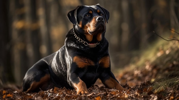 A rottweiler dog laying in the woods