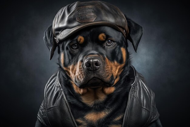 Rottweiler in een leren jas en pet