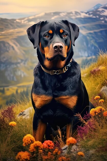 Rottweiler in nature at mountain valley Generative AI art