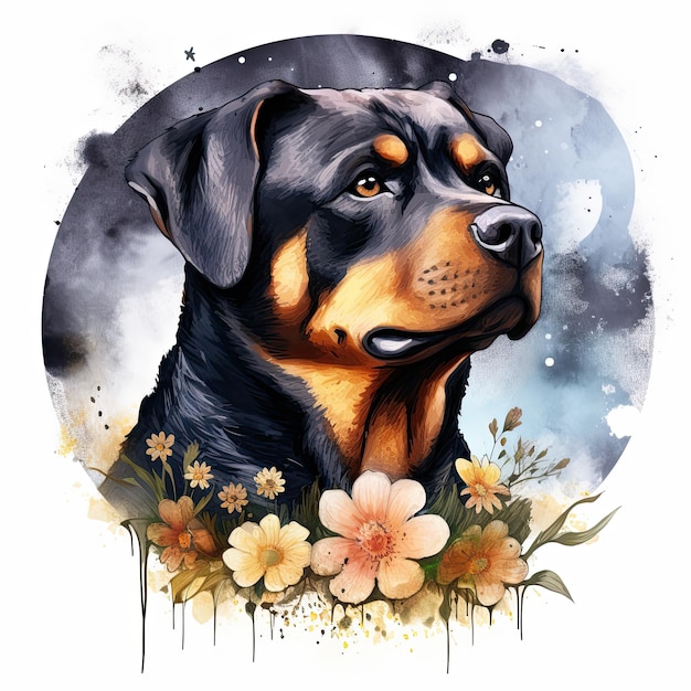 Rottweiler Portrait small dog Watercolor hand drawn illustration Generative Ai