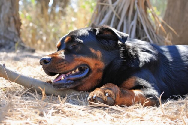 Foto rottweiler che dorme al sole con la lingua fuori creata con l'intelligenza artificiale generativa