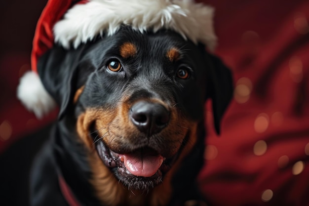 Rottweiler smiling wearing a Christmas hat portrait