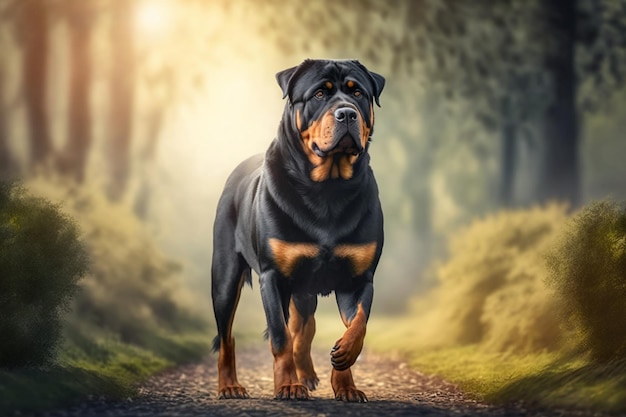 A rottweiler standing in a forest