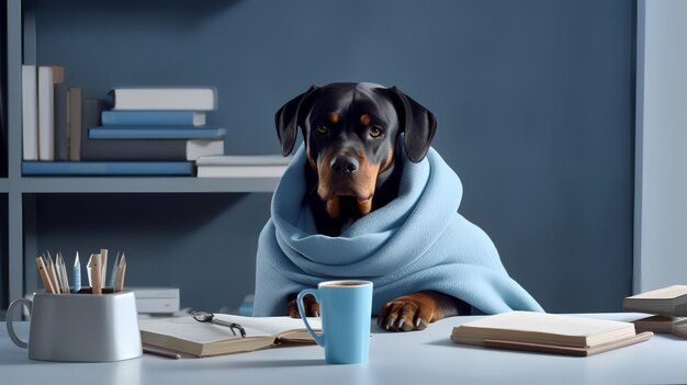 Rottweiler wearing blue sweater sitting in the study with cups and stacks of books