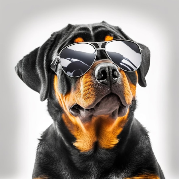 Rottweiler with sunglasses on white background Generative AI technology