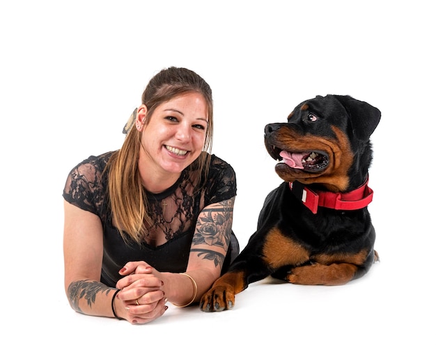 Rottweiler and woman in studio