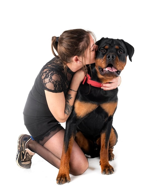 Rottweiler and woman in studio