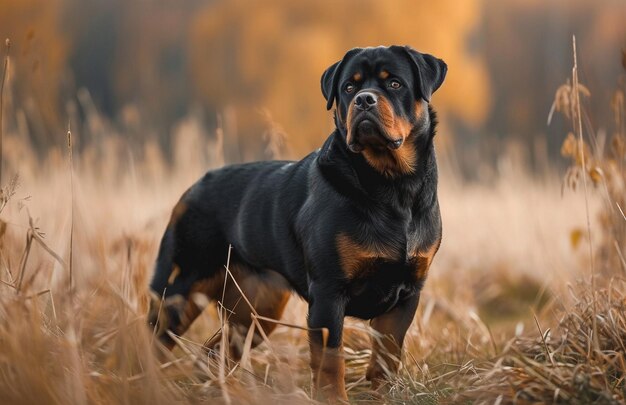 Rottweilerhond die in het veld staat in grandierige stijl