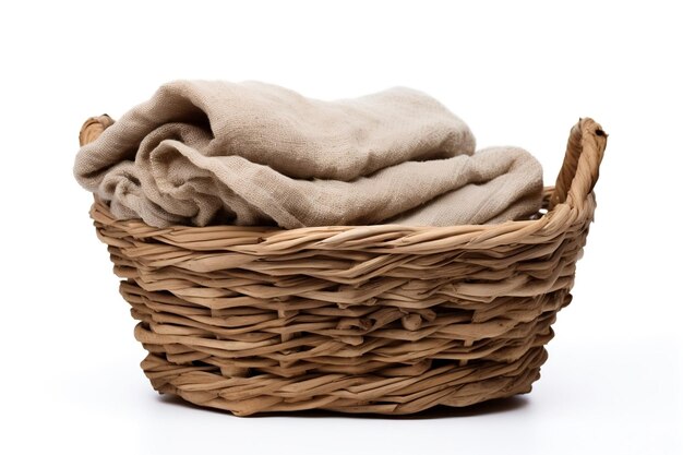 Rough Natural Linen Towel in a Handmade Basket Isolated Generative AI