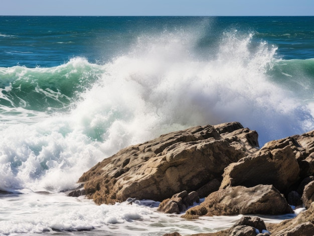 Rough ocean waves crashing against rocks