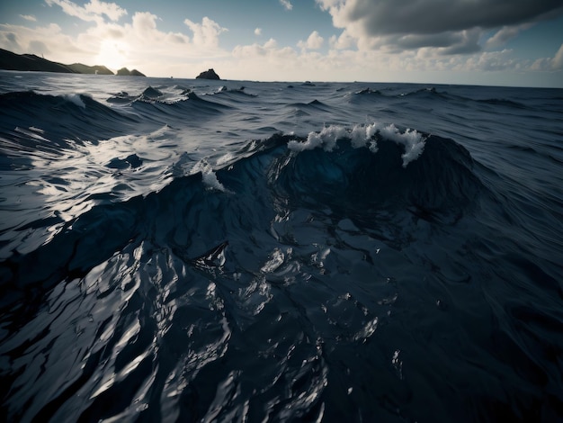 A rough ocean with a blue sky and clouds