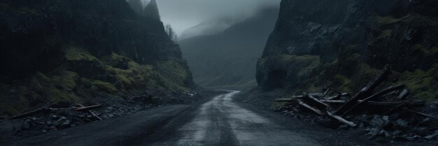 Photo rough road through misty mountains