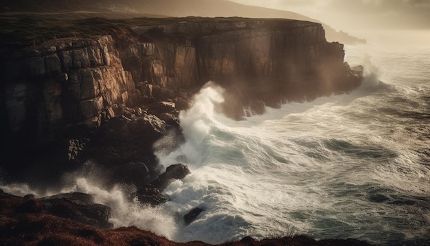 Rough sandstone cliffs crash into majestic waves generated by AI