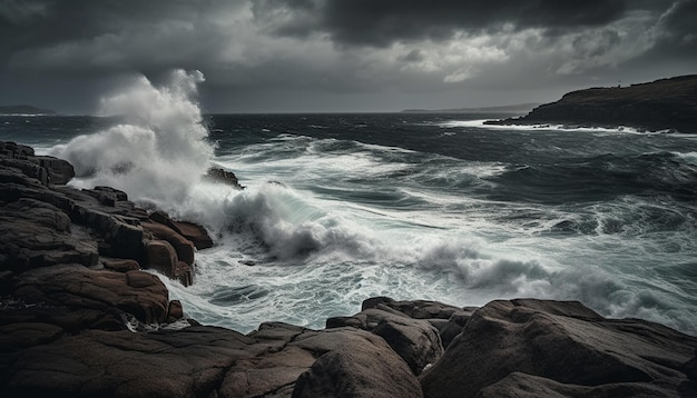 Rough seas crash against dramatic cliff awe inspiring beauty in nature generated by artificial intelligence