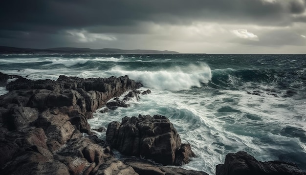 Rough seas crash against dramatic cliff beauty in nature fury generated by artificial intelligence