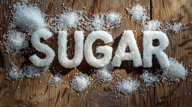 写真 砂糖消費の厳しい現実を描いた木製の背景の粗い砂糖の文字