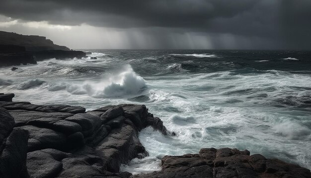 Rough surf crashes against rocky coastline dramatic sky overhead generated by artificial intelligence