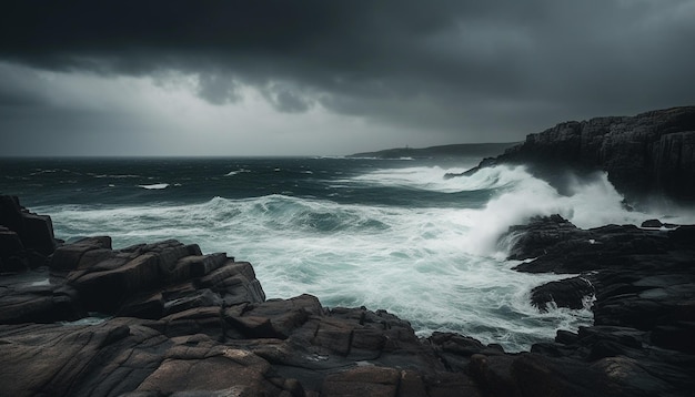 Foto il surf agitato si schianta contro la costa rocciosa sotto un cielo tempestoso generato dall'intelligenza artificiale