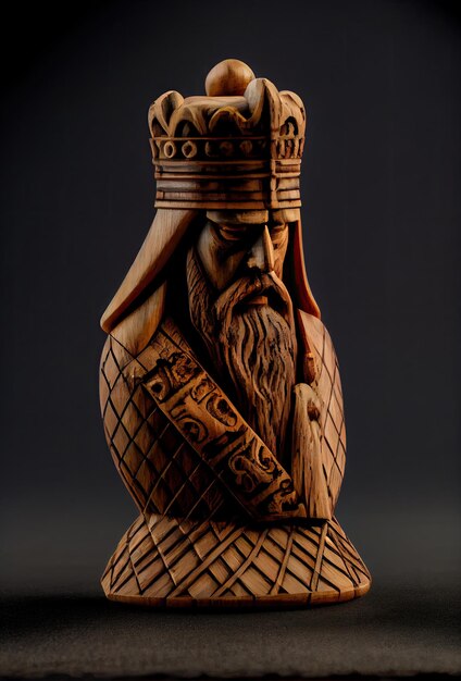 Roughly carved wood figurine of a chess king Homemade figure of a chess king on a dark background