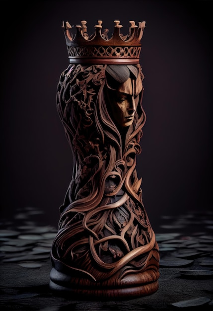 Roughly carved wood figurine of a chess Qeen Homemade figure of a chess Qeen on a dark background AI generated