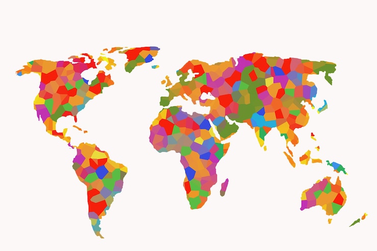 Photo 色とりどりの背景のパターンで大まかに描かれた世界地図