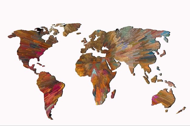 roughly outlined world map with a colorful background patterns