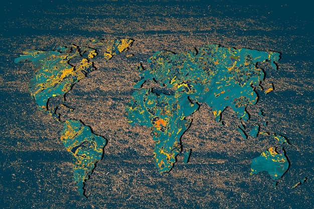 Photo roughly outlined world map with a colorful background patterns