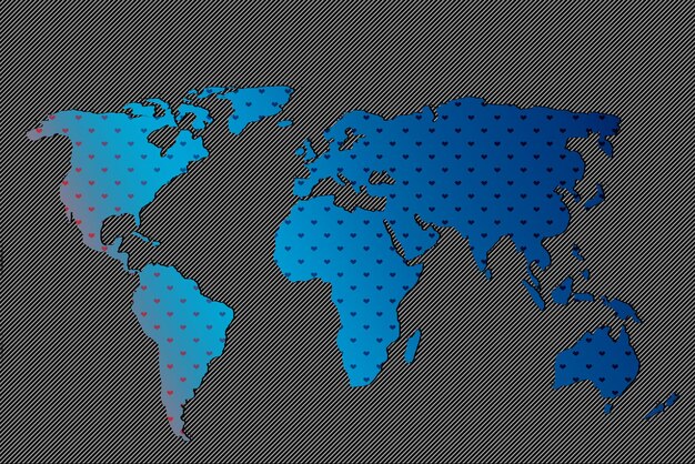 大まかにハートパターンで概説された世界地図 世界地球地図のポスター テクスチャ表面の抽象的なパターンイラストを持つ惑星地図 旅行の世界地図のシルエットの背景