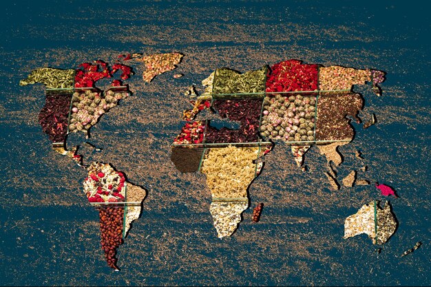 Photo roughly outlined world map with veraity of spice filling