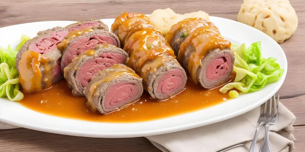 Rouladen is a German main dish pickles and bacon wrapped in thin slices of beef or veal