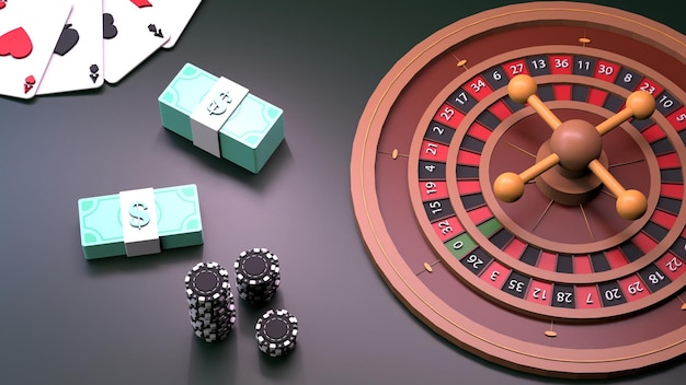 Roulette chips and playing cards Casino element Render in 3D