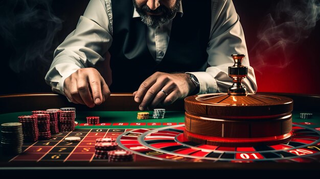 Photo roulette table and croupiers hand