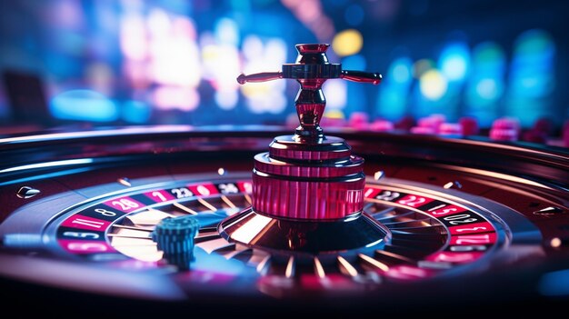 Roulette Wheel Casino Chips en munten Moderne zwart en goud geïsoleerd op de zwarte achtergrond Casino Gambling Concept Leegte ruimte voor logo of tekst Generatieve AI