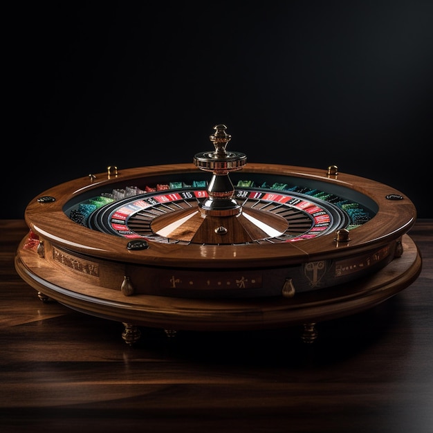 A roulette wheel sits on a table with a black background.