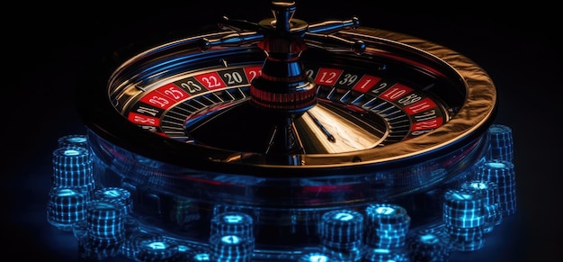 Roulette wheel with blue background and lights casino photo Generative AI