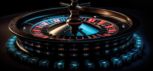 Roulette wheel with blue background and lights casino photo Generative AI