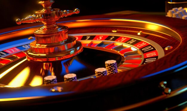 Photo roulette wheel with few piles of chips on casino equipment for gaming and gambling close up generative ai