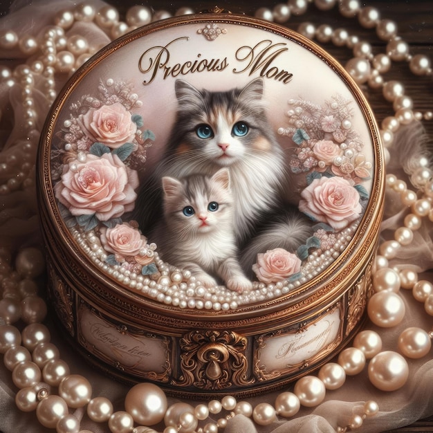 Round 39Precious Mom39 Box with Cat Design and Pearls