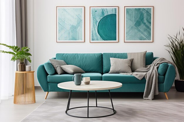 Round accent coffee table against of teal sofa