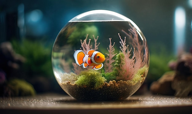Круглый аквариум с рыбой-клоуном, созданный с помощью генеративных инструментов искусственного интеллекта