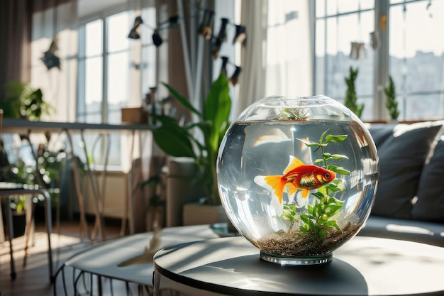 round aquarium with goldfish in the interior of a modern apartment