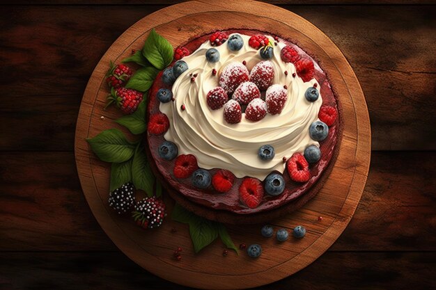 Round baked red velvet cake with cream and berries on wooden board created with generative ai