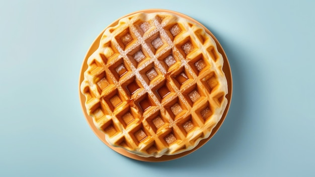 Round belgian waffle on light blue background