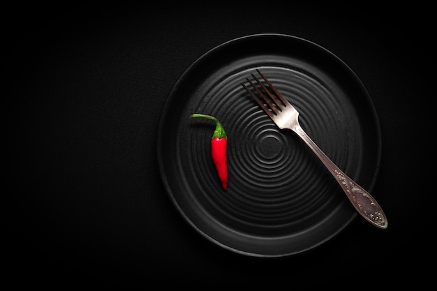 Photo round black ceramic plate with pattern, red fresh chili pepper