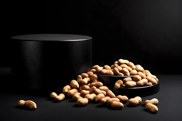 Round black podium close shot black background studio with peanut high quality